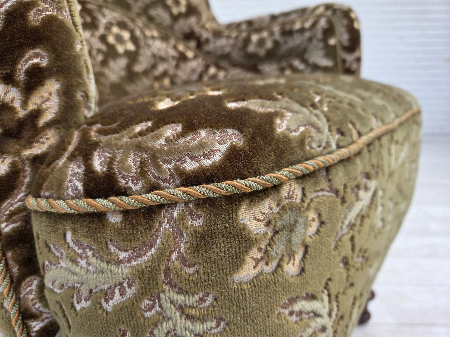 1950s, Danish armchair, green furniture velour, ash wood legs.