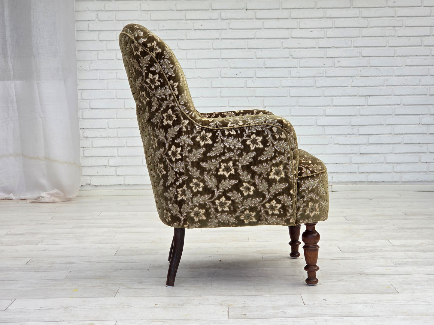 1950s, Danish armchair, green furniture velour, ash wood legs.