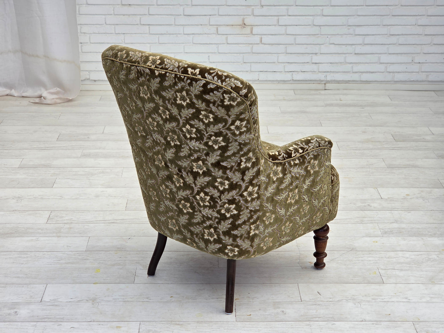 1950s, Danish armchair, green furniture velour, ash wood legs.