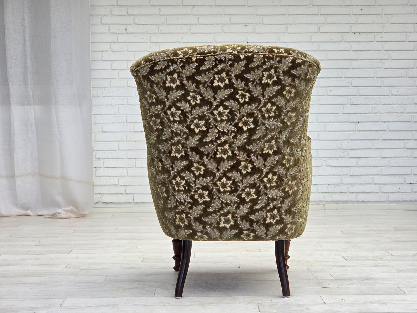 1950s, Danish armchair, green furniture velour, ash wood legs.