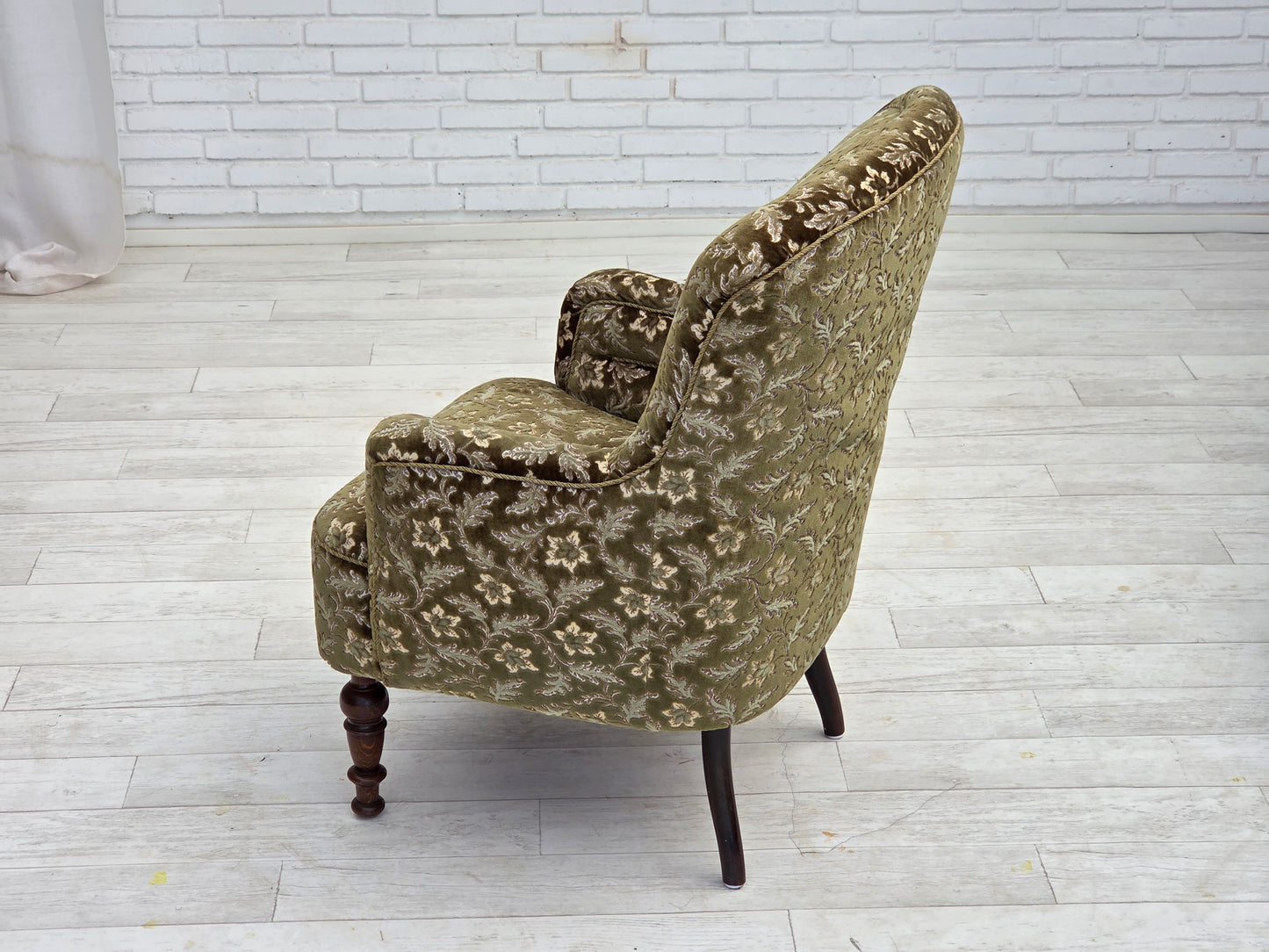 1950s, Danish armchair, green furniture velour, ash wood legs.