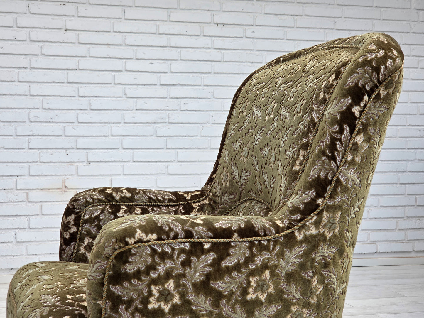 1950s, Danish armchair, green furniture velour, ash wood legs.