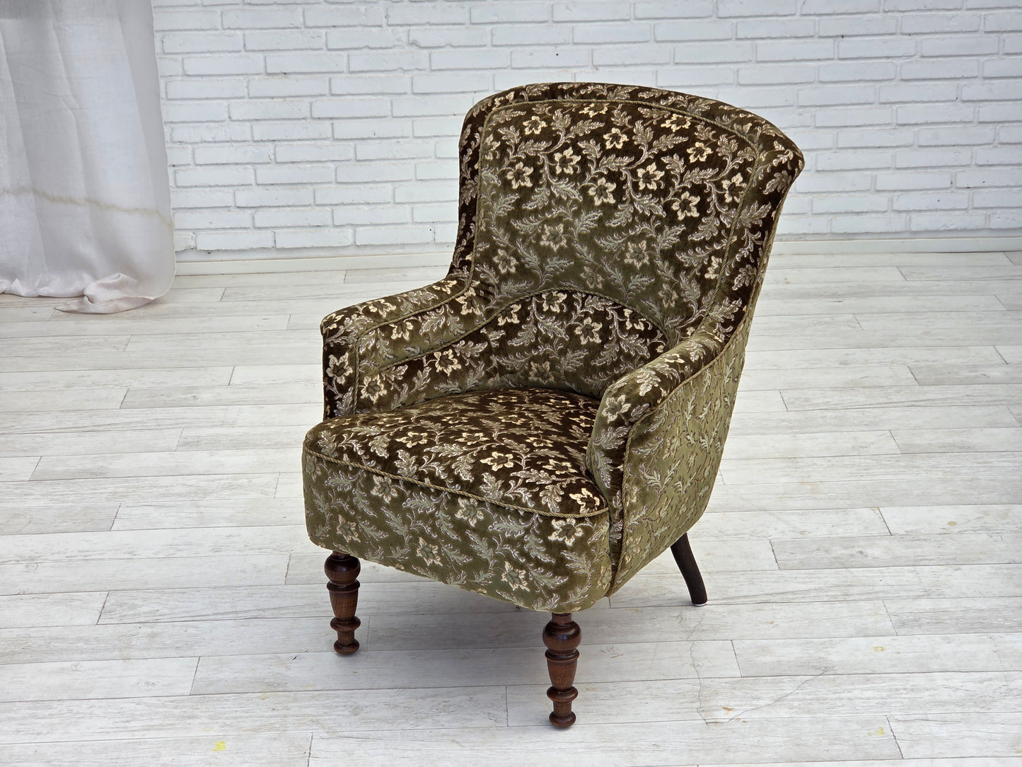 1950s, Danish armchair, green furniture velour, ash wood legs.