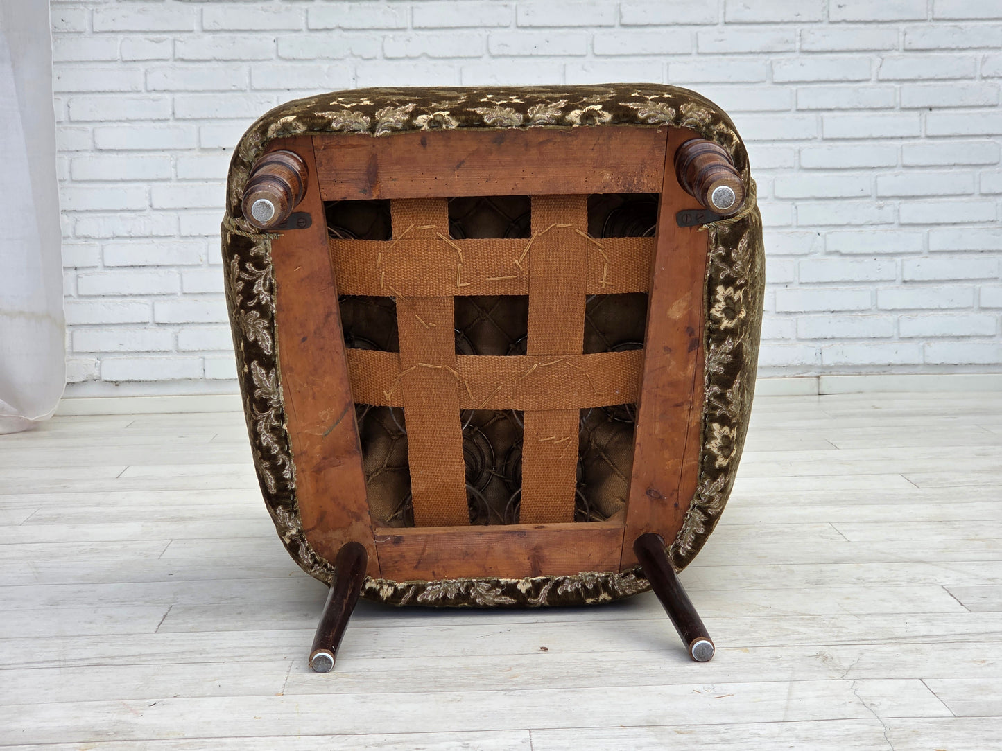 1950s, Danish armchair, green furniture velour, ash wood legs.