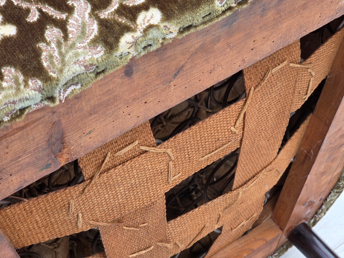 1950s, Danish armchair, green furniture velour, ash wood legs.