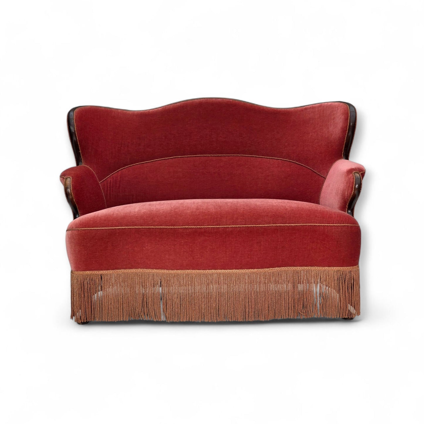 1950s, Danish 2-seater sofa, salmon pink furniture velour, ash wood.