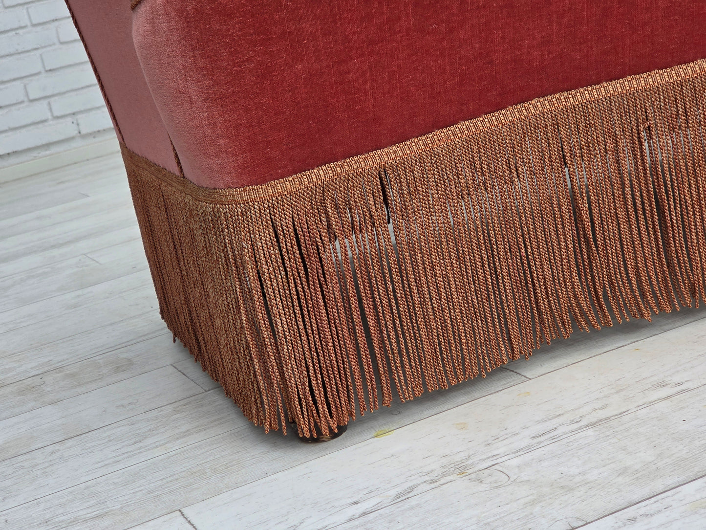 1950s, Danish 2-seater sofa, salmon pink furniture velour, ash wood.