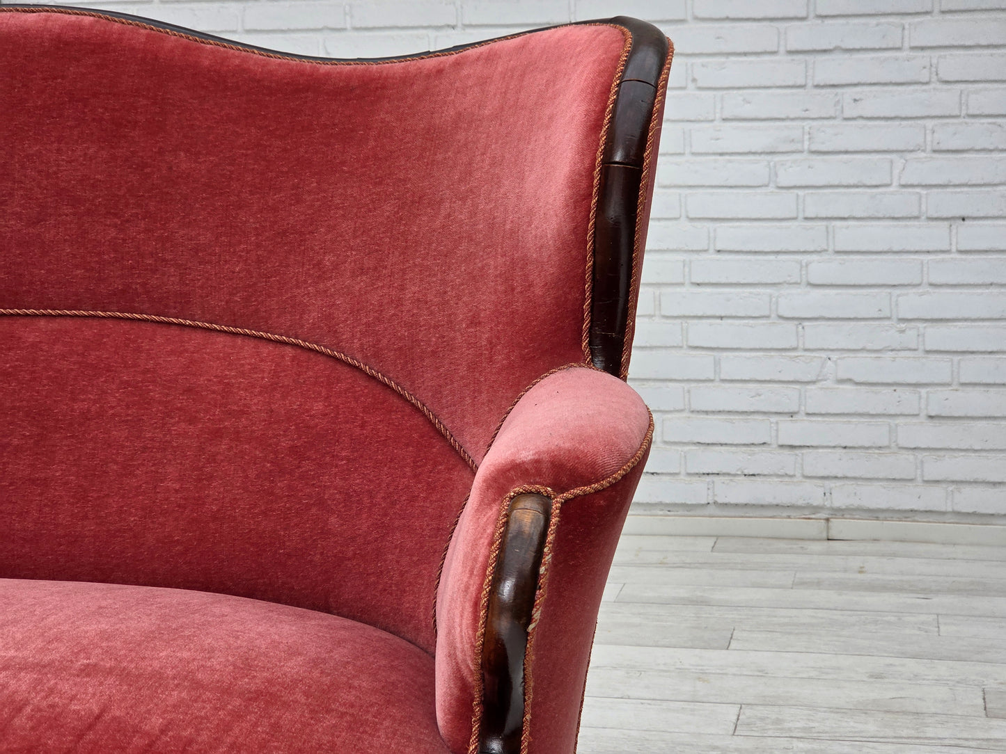 1950s, Danish 2-seater sofa, salmon pink furniture velour, ash wood.