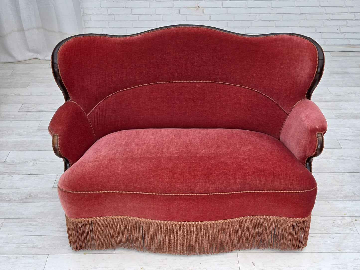 1950s, Danish 2-seater sofa, salmon pink furniture velour, ash wood.