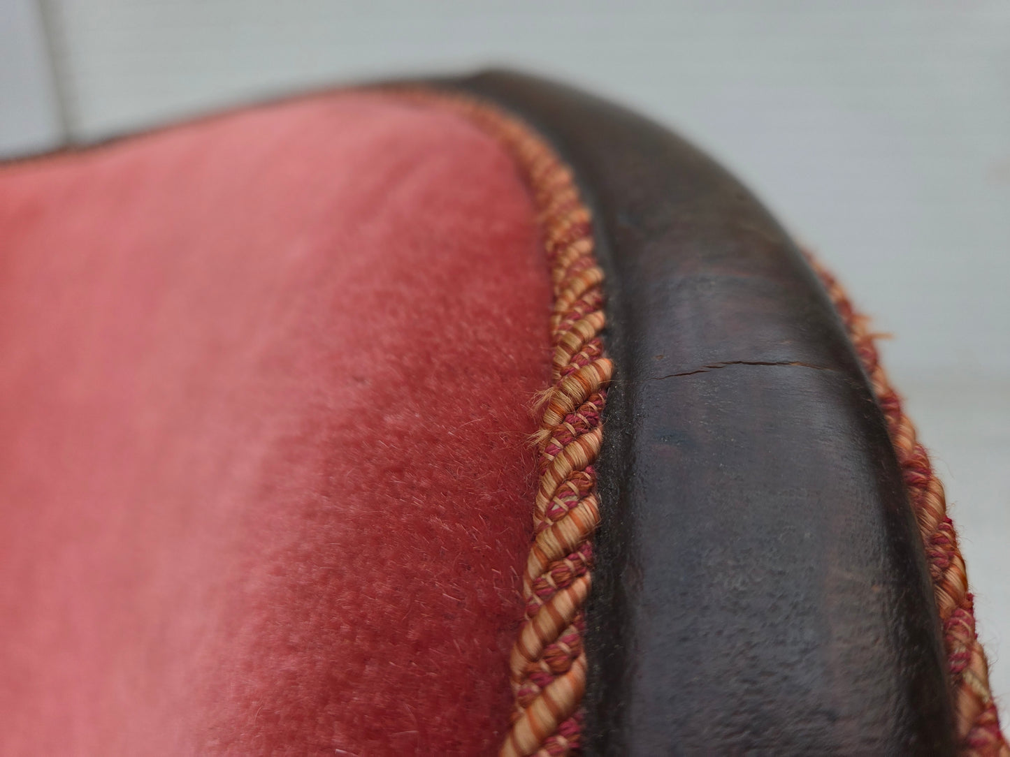 1950s, Danish 2-seater sofa, salmon pink furniture velour, ash wood.