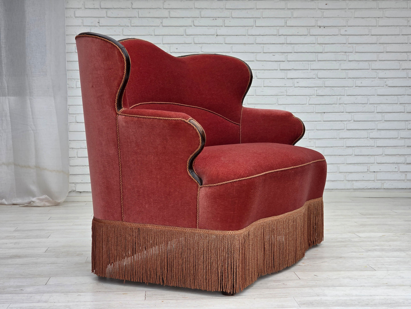 1950s, Danish 2-seater sofa, salmon pink furniture velour, ash wood.