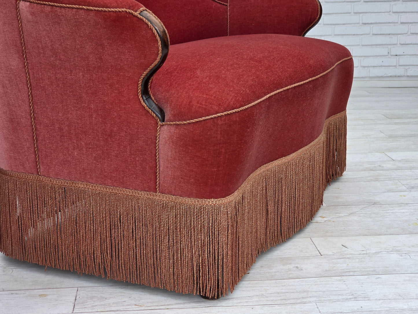 1950s, Danish 2-seater sofa, salmon pink furniture velour, ash wood.