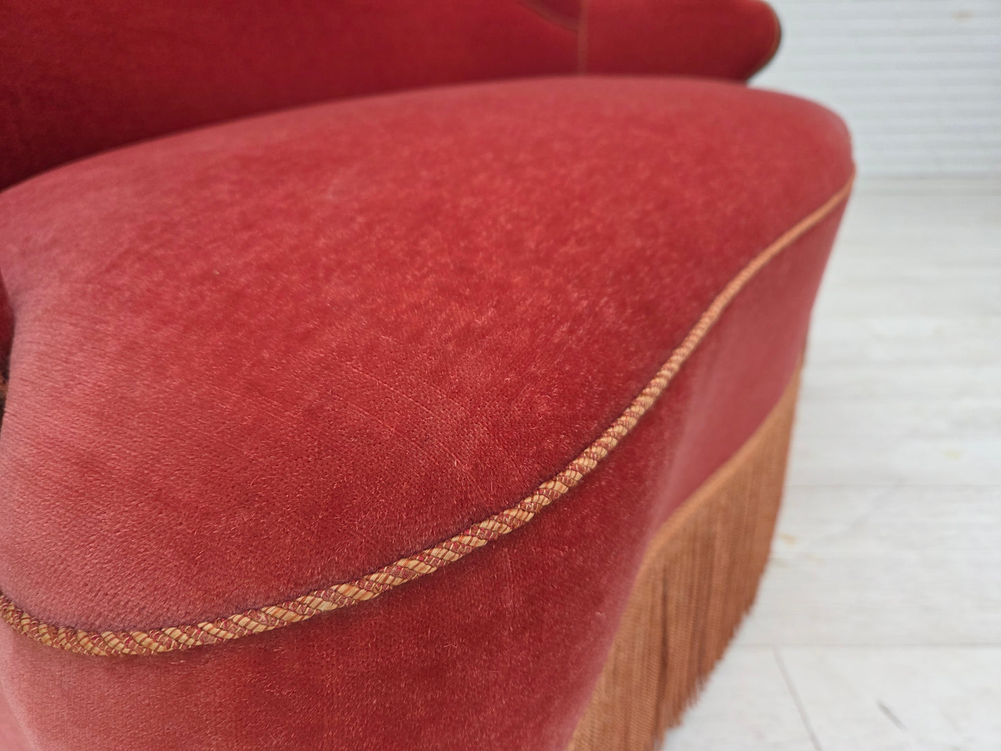 1950s, Danish 2-seater sofa, salmon pink furniture velour, ash wood.