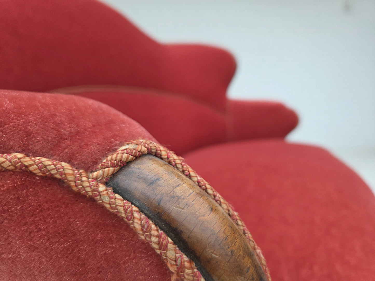 1950s, Danish 2-seater sofa, salmon pink furniture velour, ash wood.