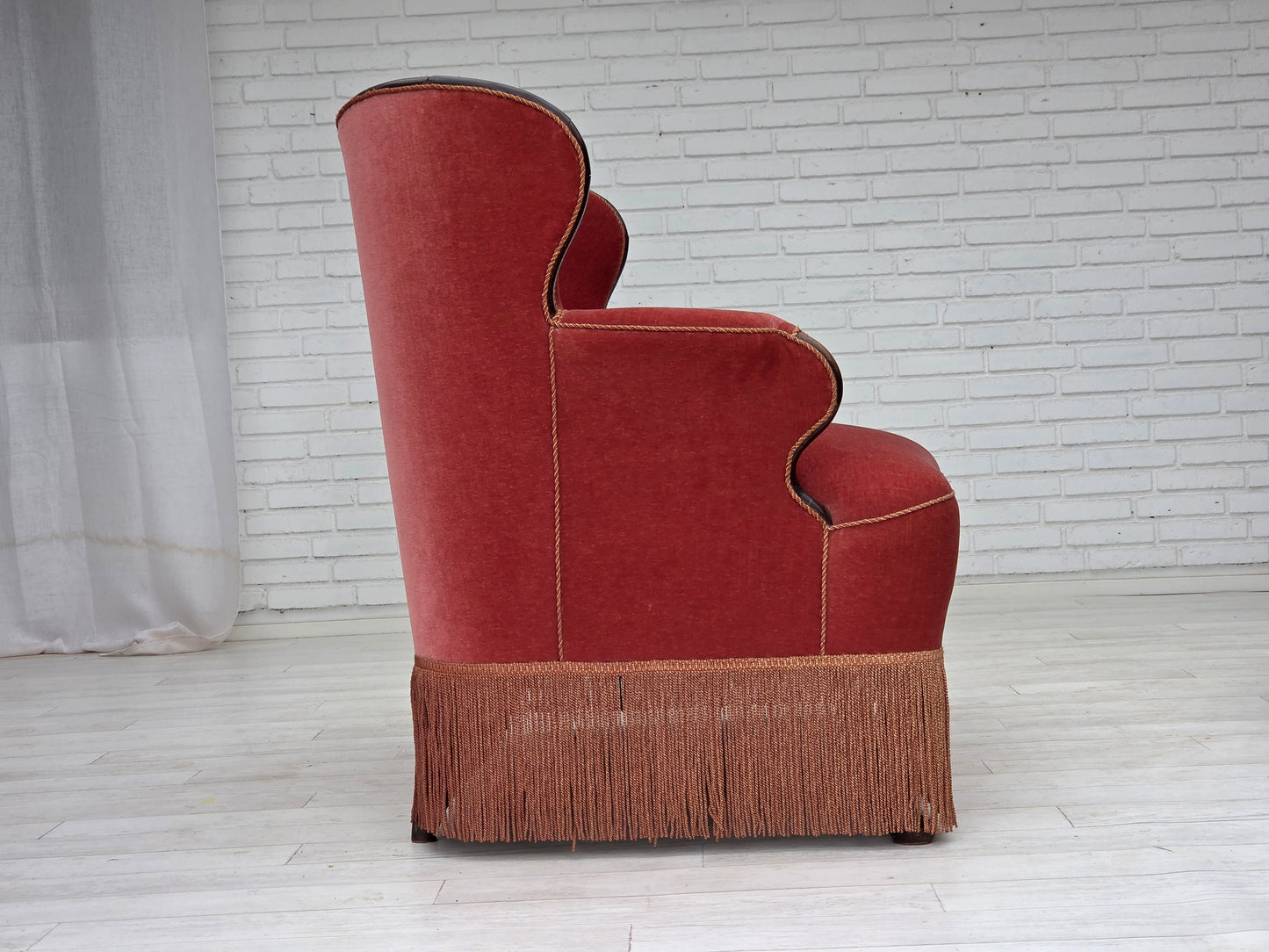 1950s, Danish 2-seater sofa, salmon pink furniture velour, ash wood.