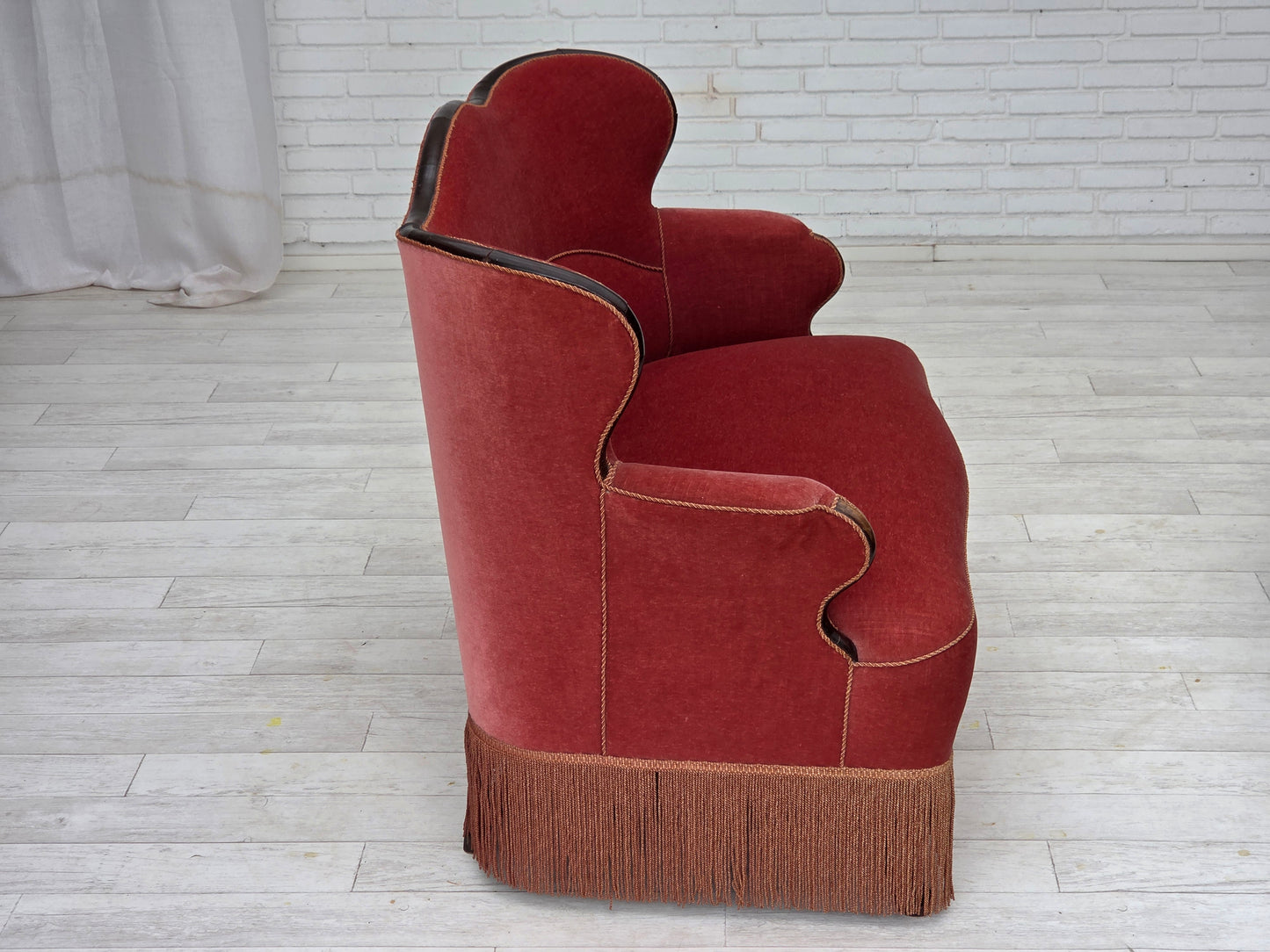 1950s, Danish 2-seater sofa, salmon pink furniture velour, ash wood.