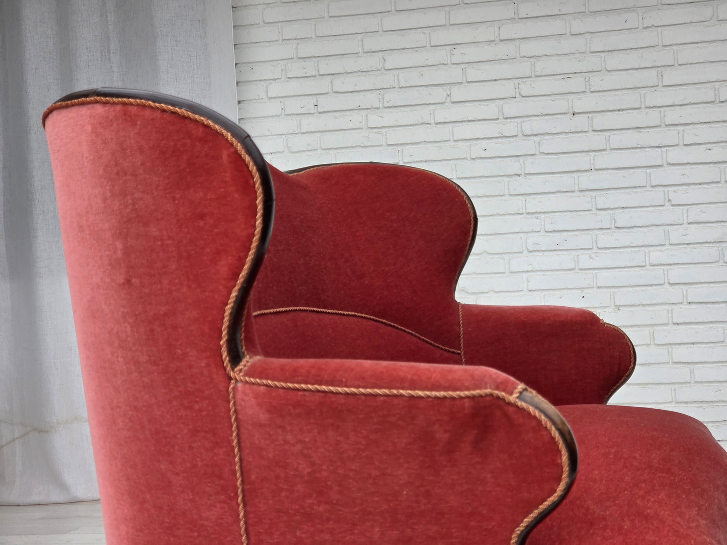 1950s, Danish 2-seater sofa, salmon pink furniture velour, ash wood.