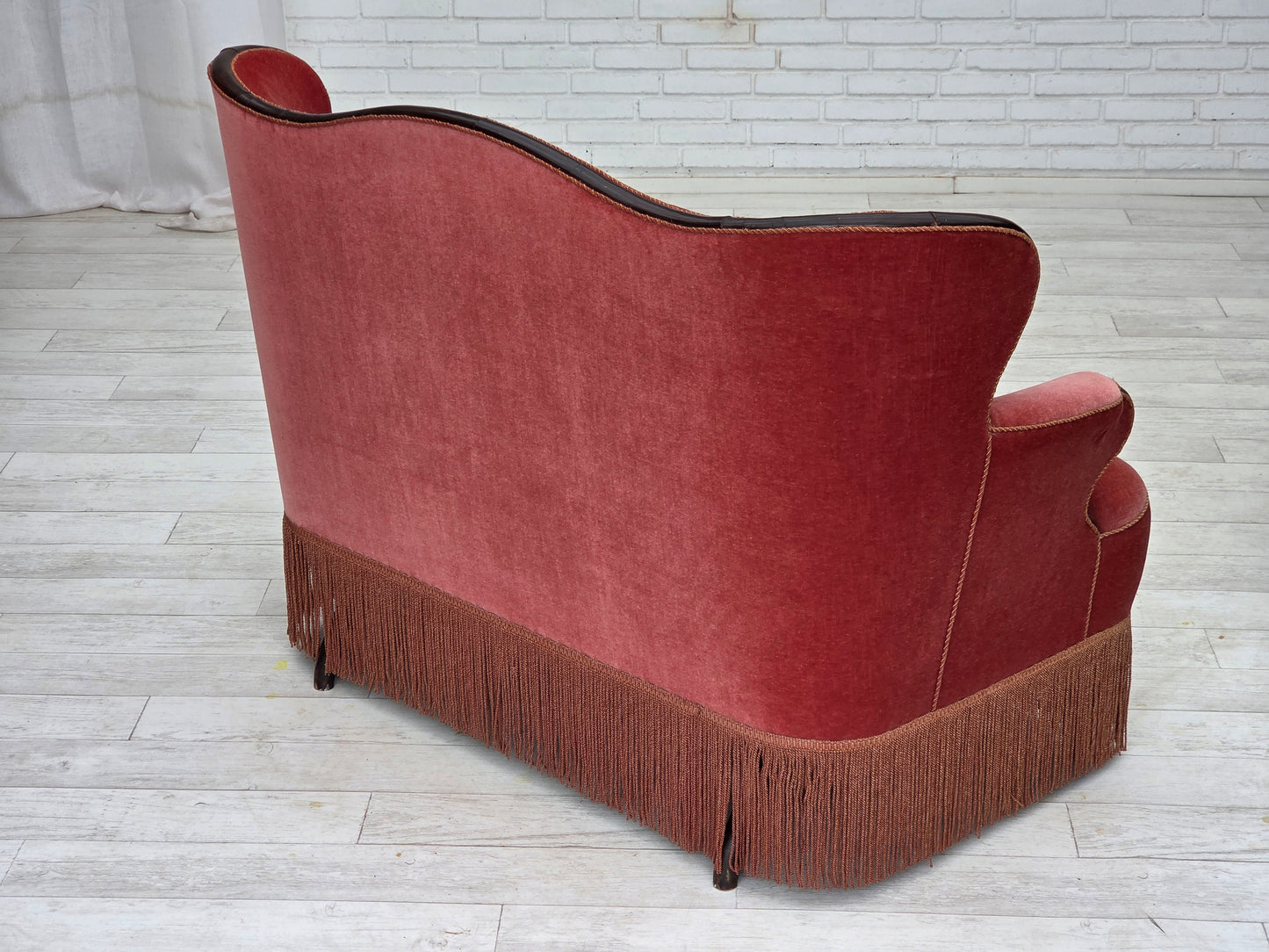 1950s, Danish 2-seater sofa, salmon pink furniture velour, ash wood.