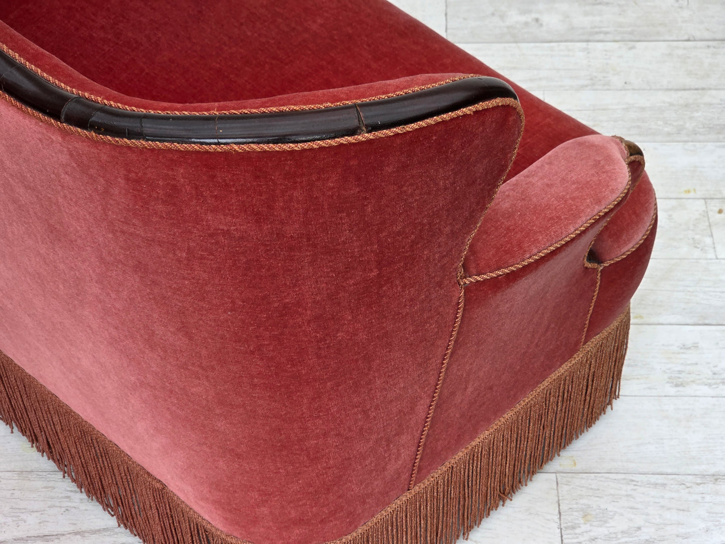 1950s, Danish 2-seater sofa, salmon pink furniture velour, ash wood.