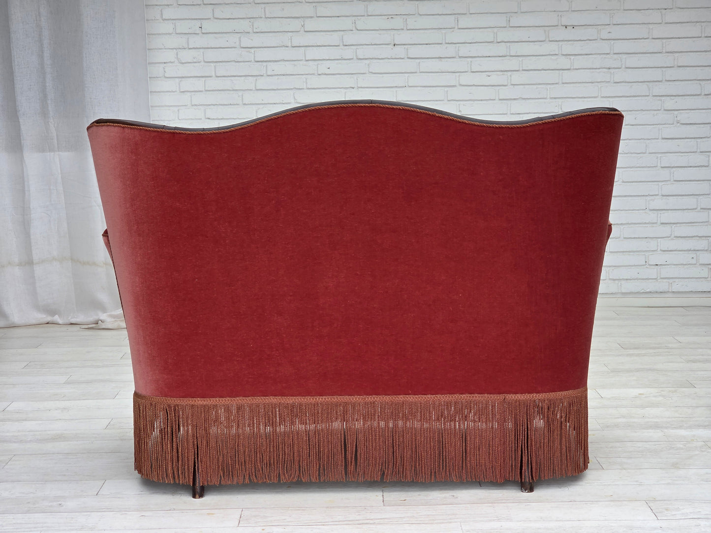 1950s, Danish 2-seater sofa, salmon pink furniture velour, ash wood.