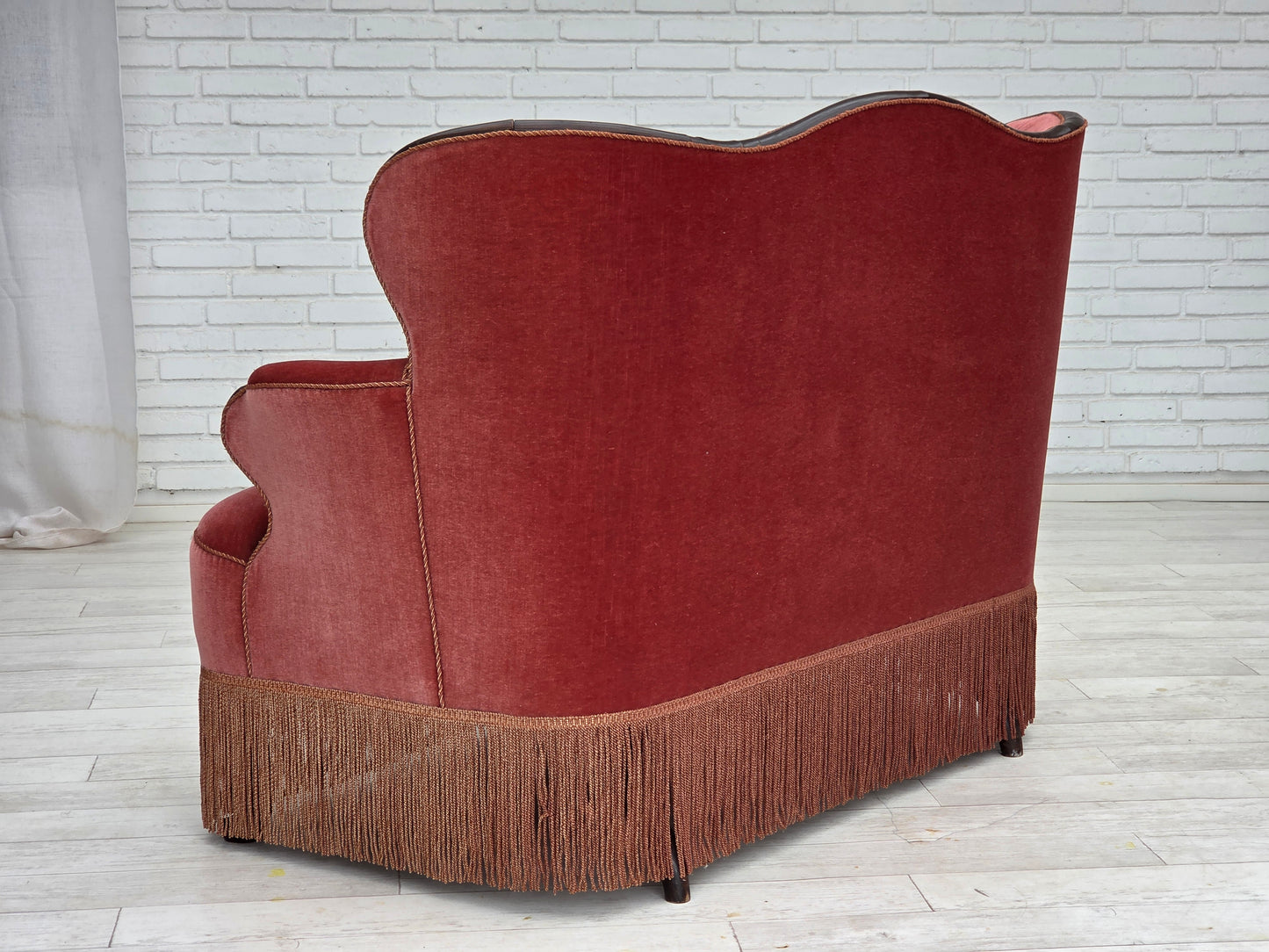 1950s, Danish 2-seater sofa, salmon pink furniture velour, ash wood.