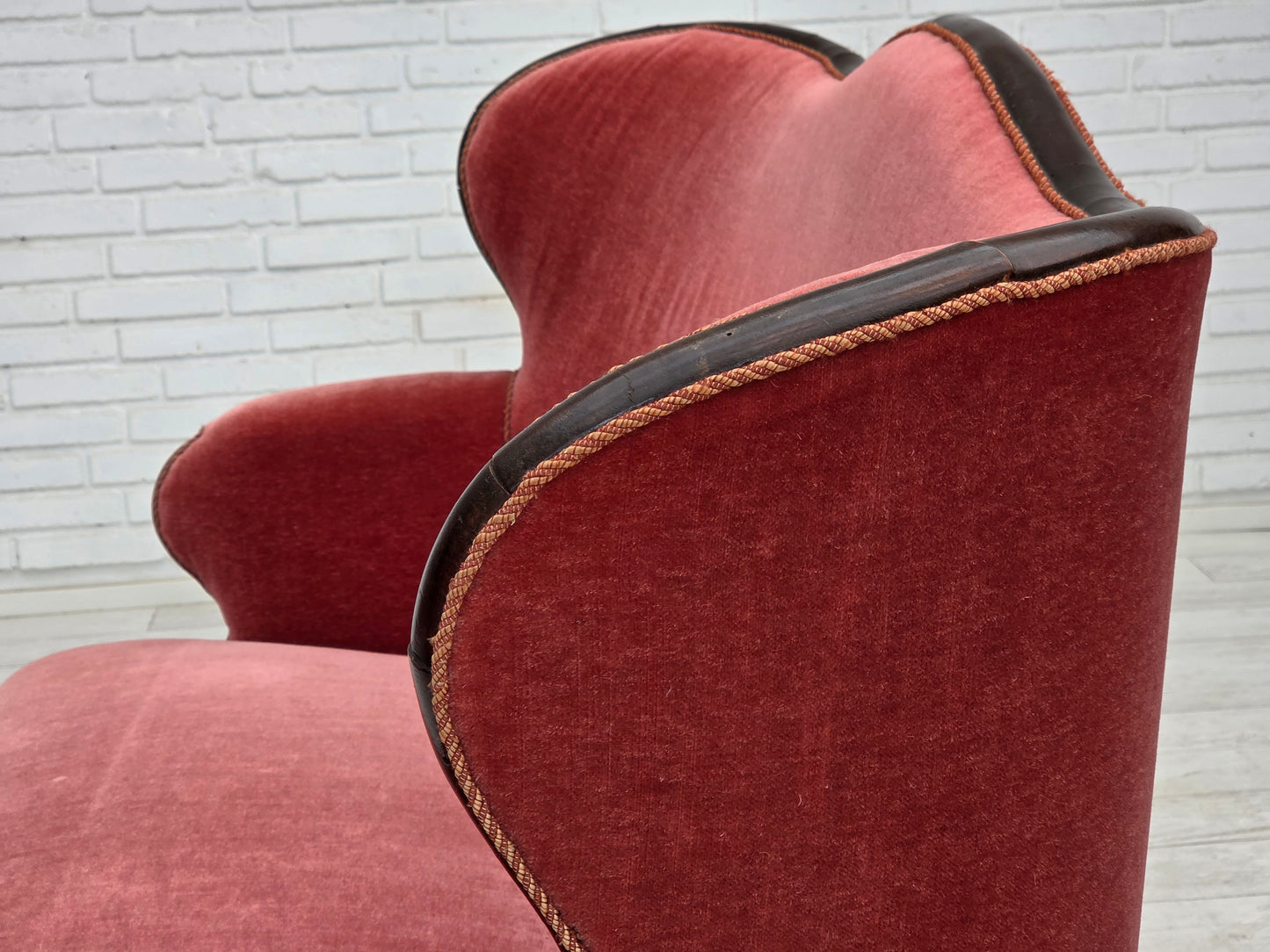 1950s, Danish 2-seater sofa, salmon pink furniture velour, ash wood.