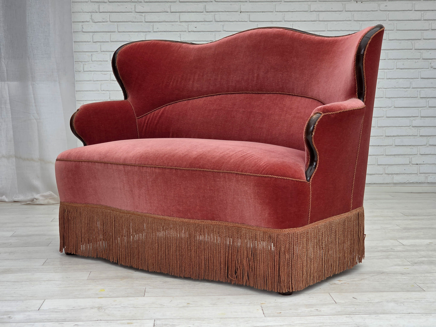 1950s, Danish 2-seater sofa, salmon pink furniture velour, ash wood.