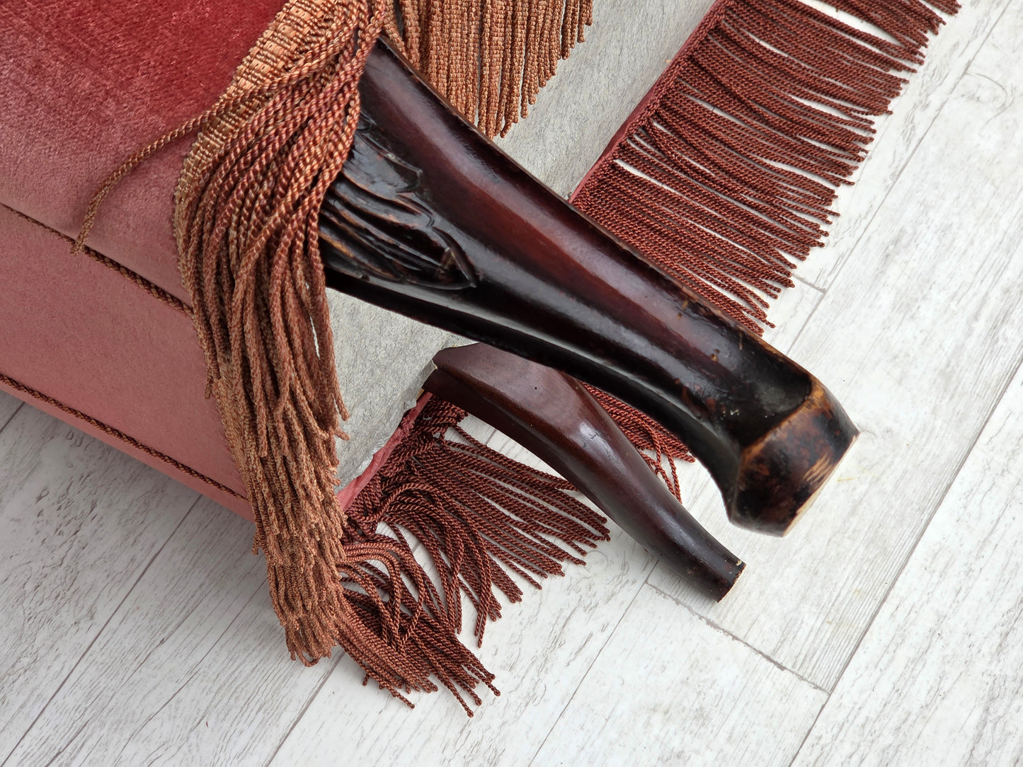 1950s, Danish 2-seater sofa, salmon pink furniture velour, ash wood.