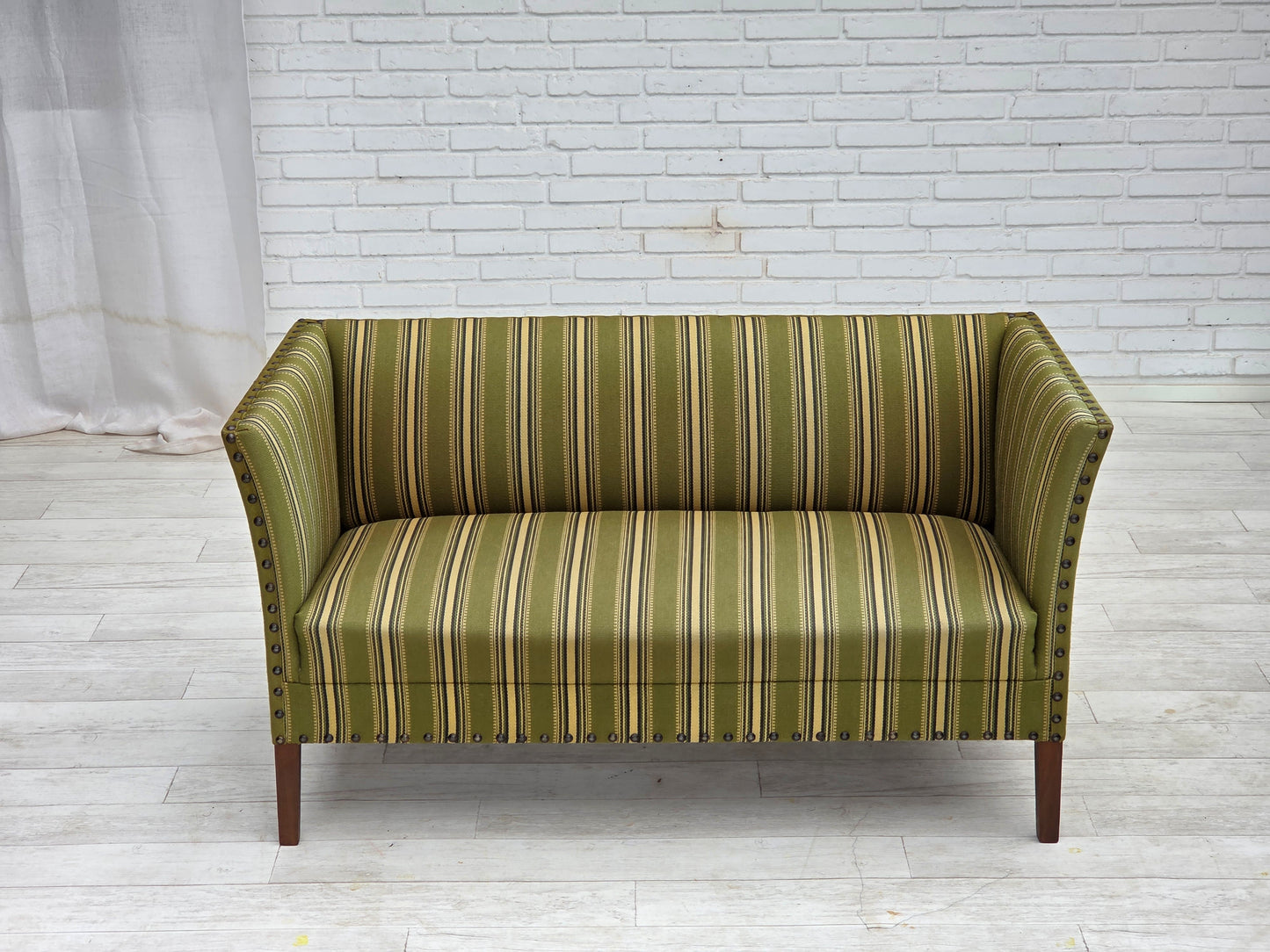 1970s, Danish 2-seater sofa, original green furniture wool, beech wood.
