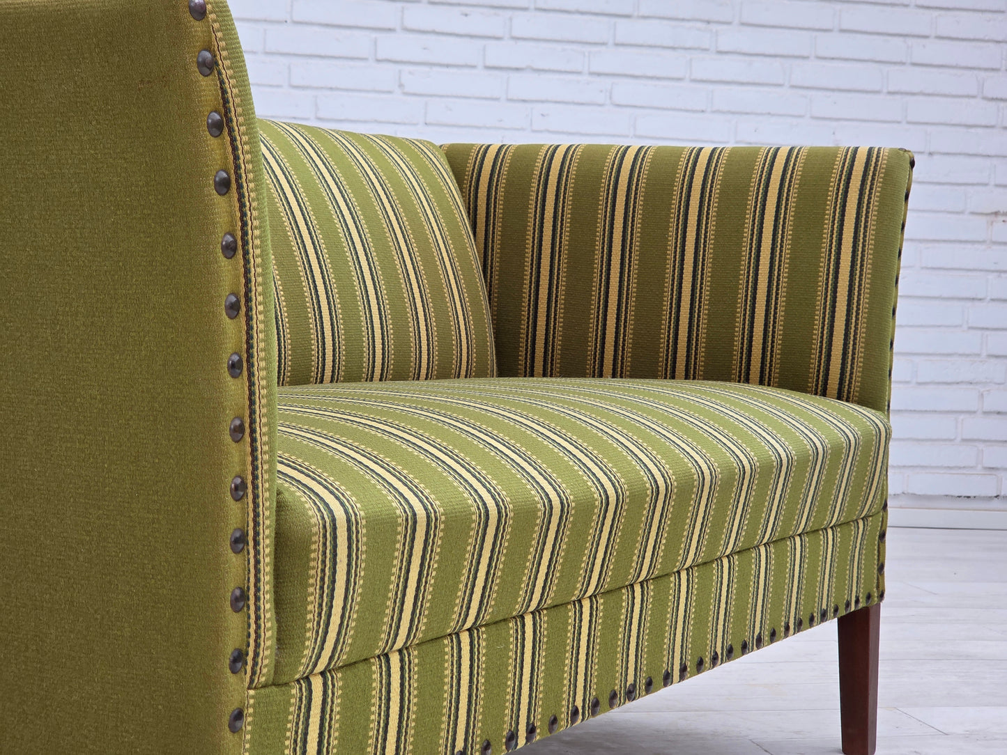 1970s, Danish 2-seater sofa, original green furniture wool, beech wood.