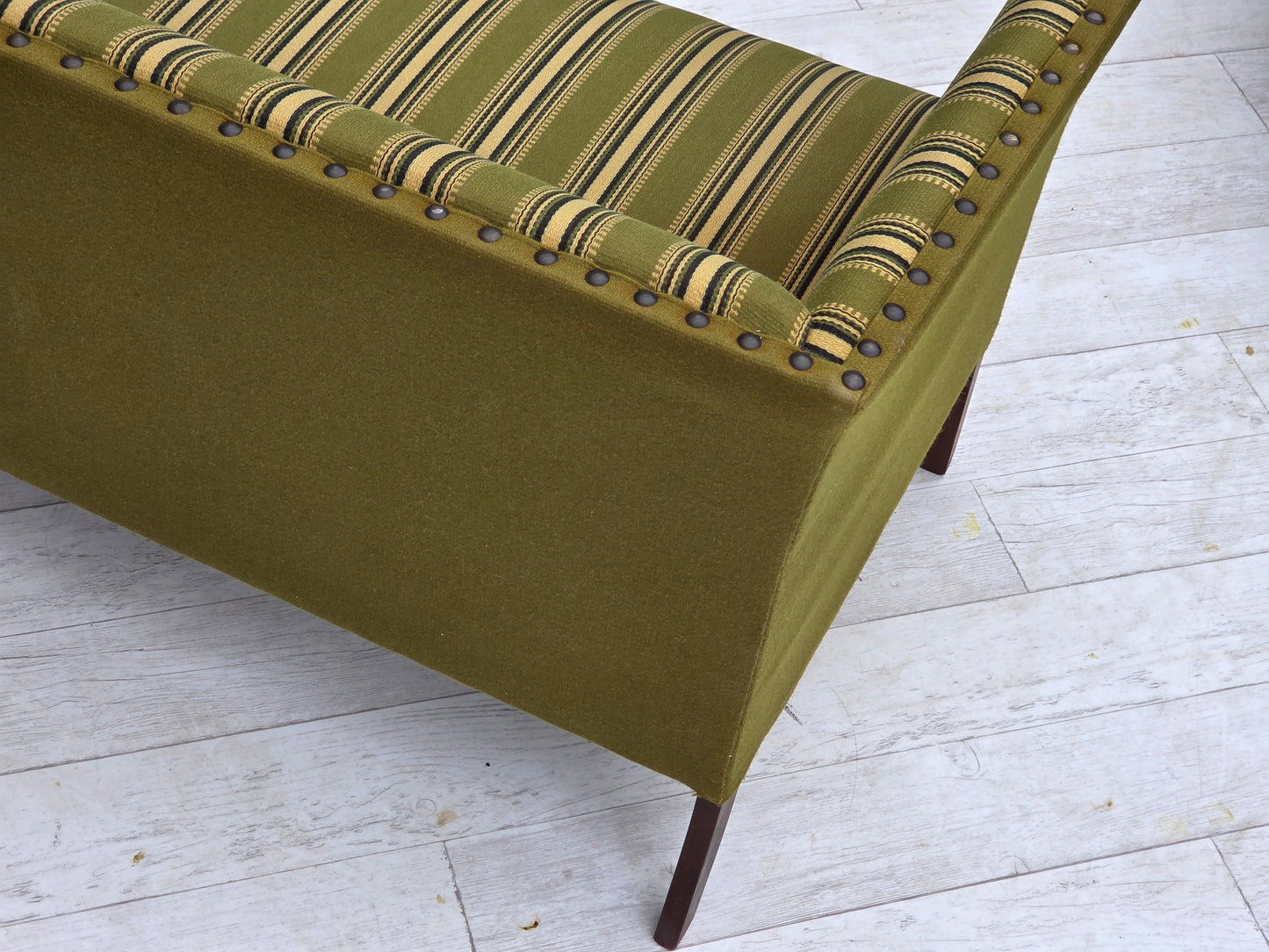 1970s, Danish 2-seater sofa, original green furniture wool, beech wood.
