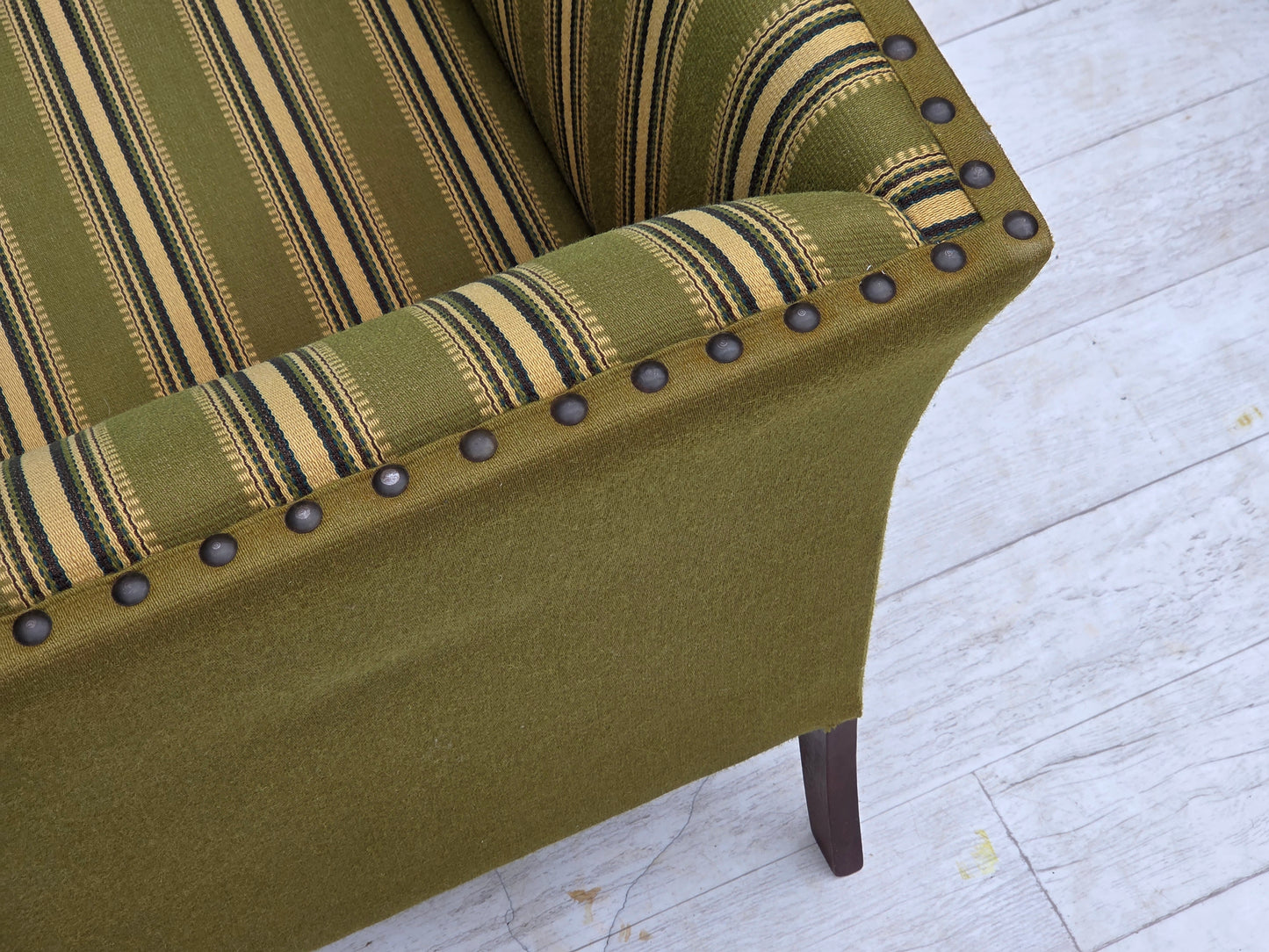 1970s, Danish 2-seater sofa, original green furniture wool, beech wood.