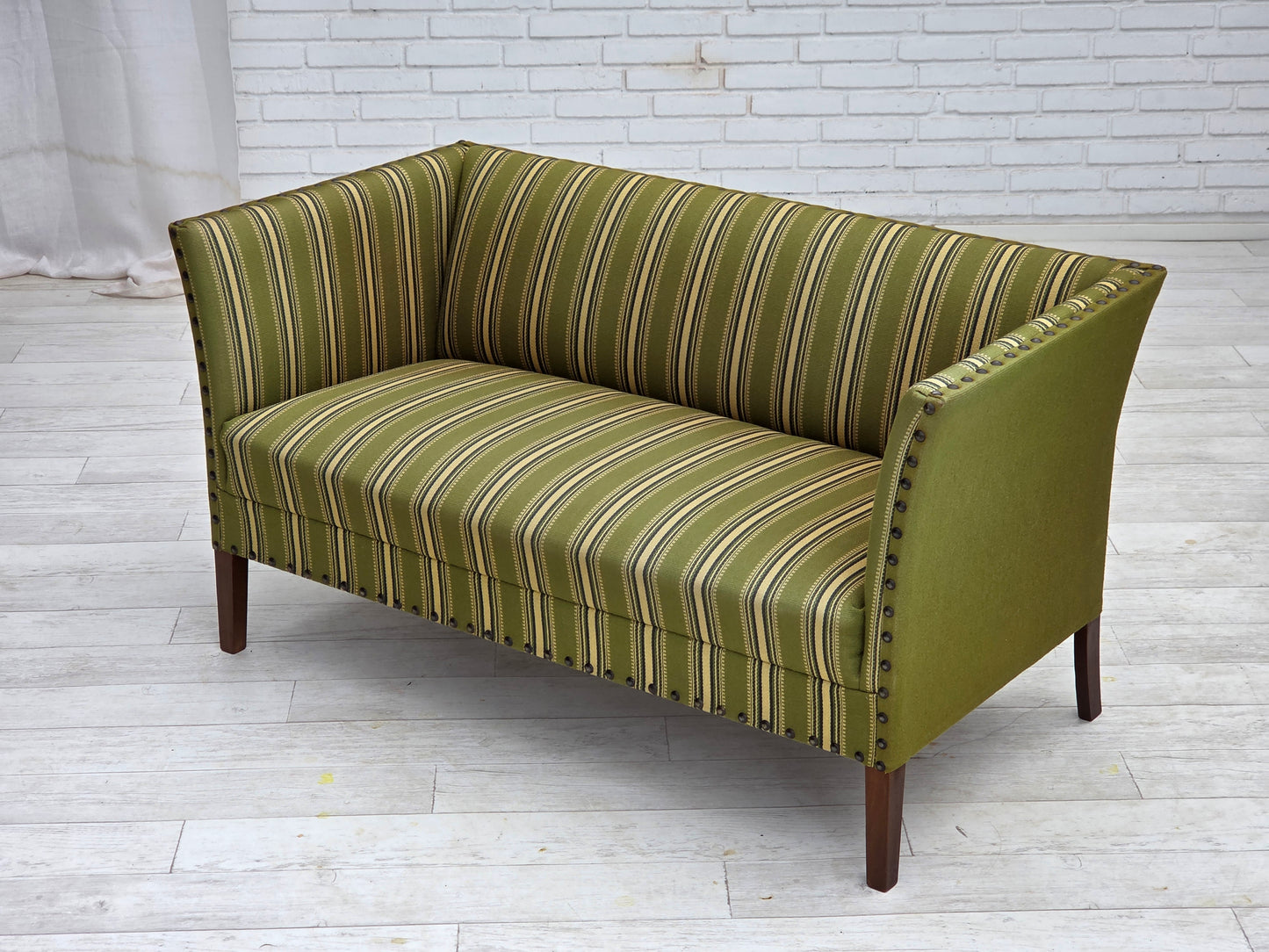 1970s, Danish 2-seater sofa, original green furniture wool, beech wood.