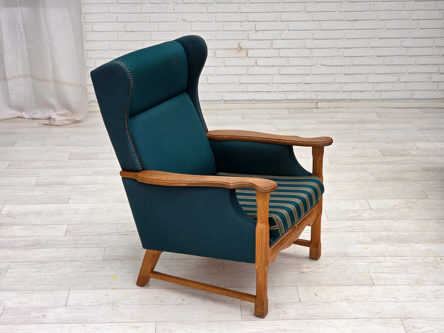 1970s, Danish highback armchair, turkis-green furniture wool, solid oak wood.