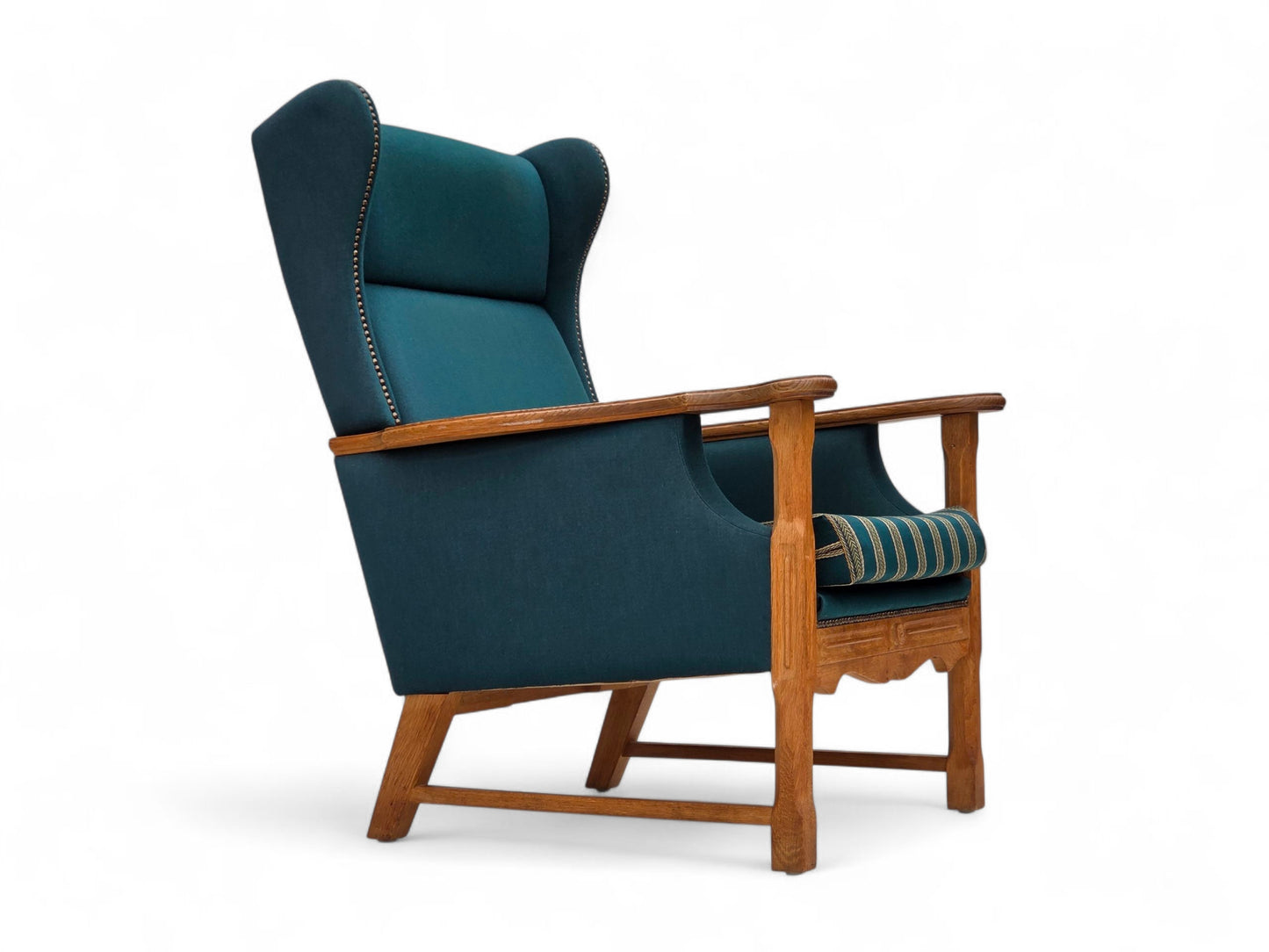 1970s, Danish highback armchair, turkis-green furniture wool, solid oak wood.