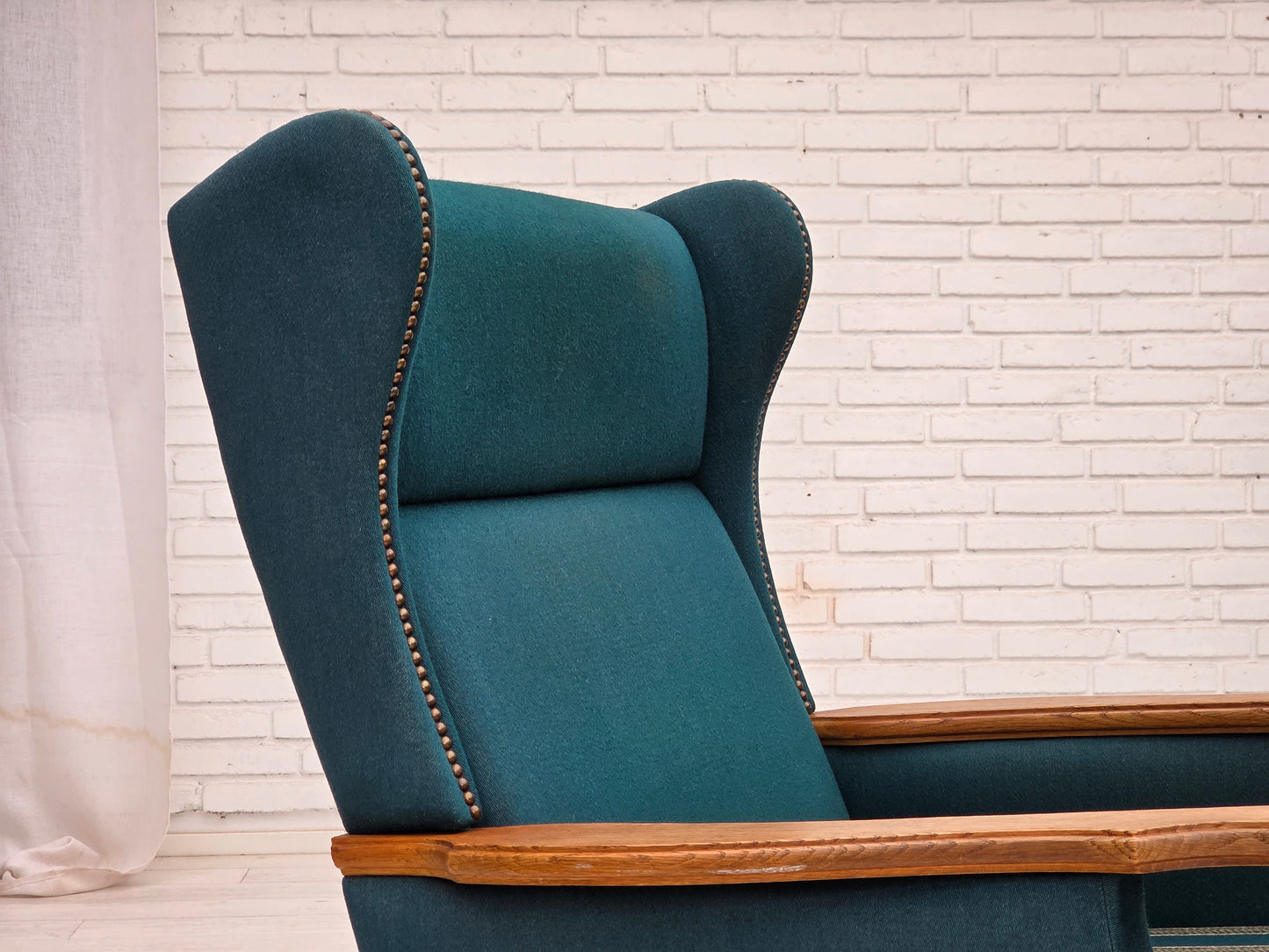 1970s, Danish highback armchair, turkis-green furniture wool, solid oak wood.