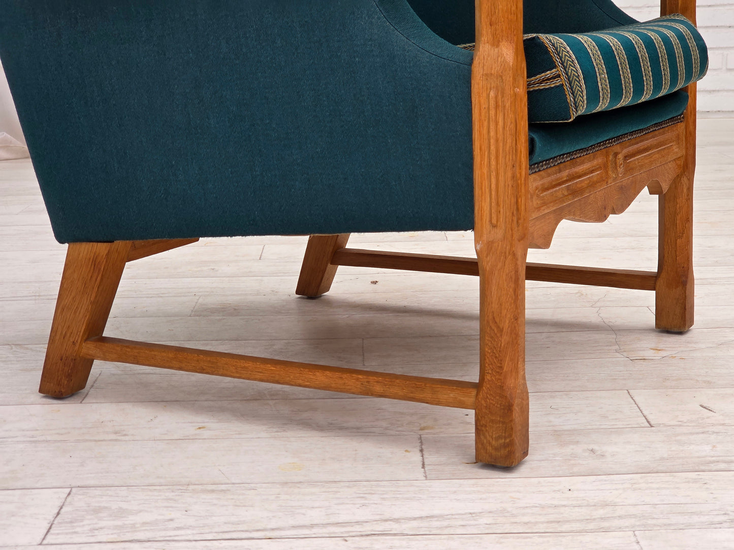 1970s, Danish highback armchair, turkis-green furniture wool, solid oak wood.