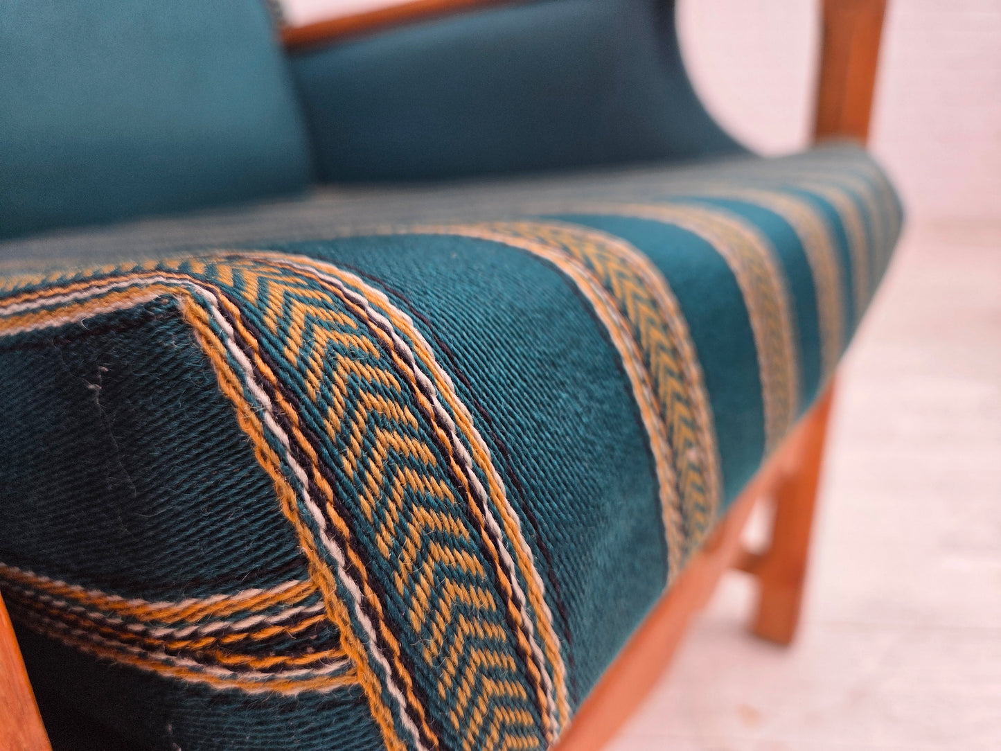 1970s, Danish highback armchair, turkis-green furniture wool, solid oak wood.