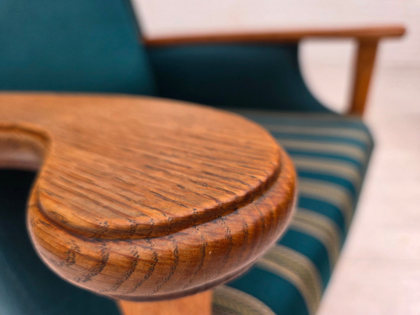 1970s, Danish highback armchair, turkis-green furniture wool, solid oak wood.