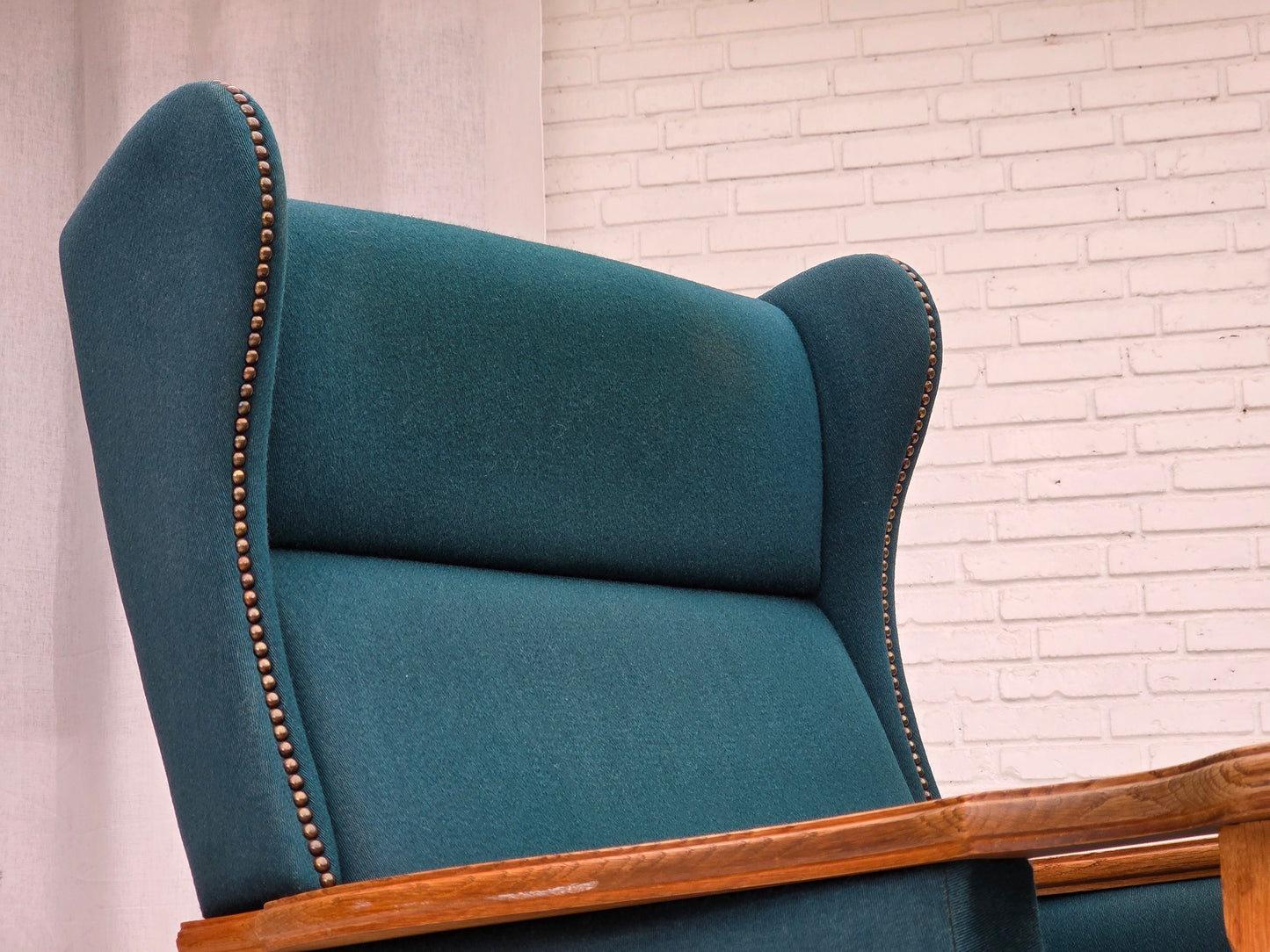 1970s, Danish highback armchair, turkis-green furniture wool, solid oak wood.