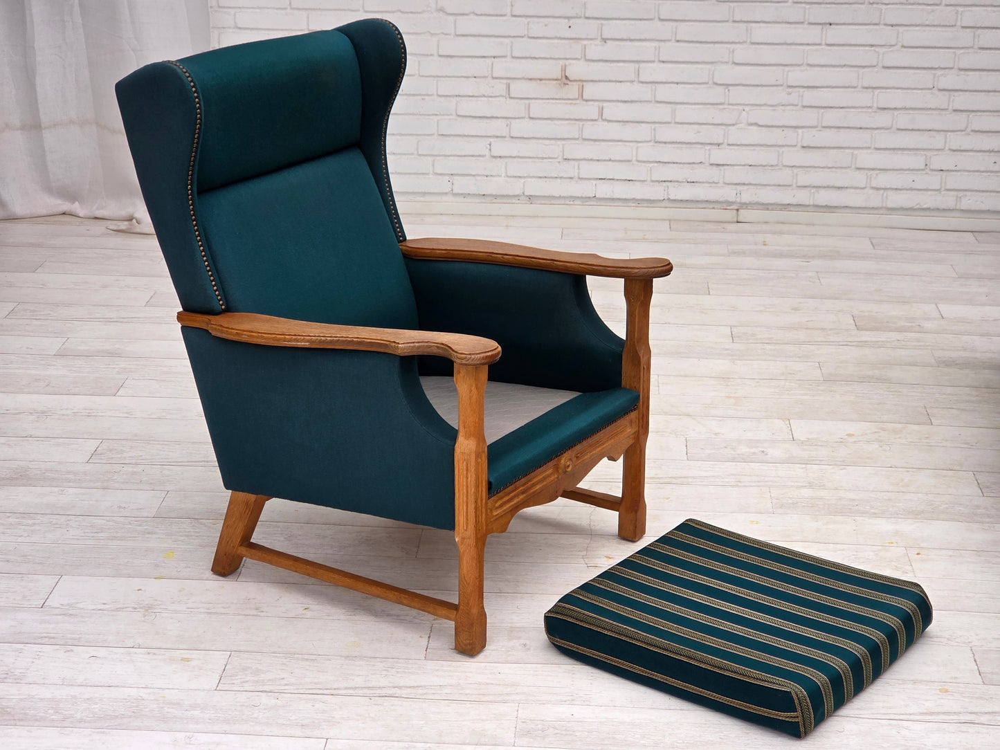 1970s, Danish highback armchair, turkis-green furniture wool, solid oak wood.