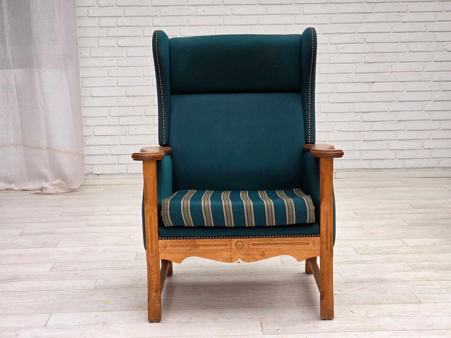 1970s, Danish highback armchair, turkis-green furniture wool, solid oak wood.