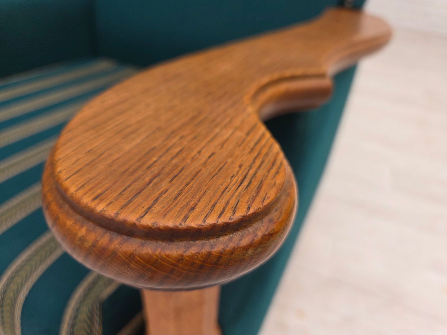 1970s, Danish highback armchair, turkis-green furniture wool, solid oak wood.