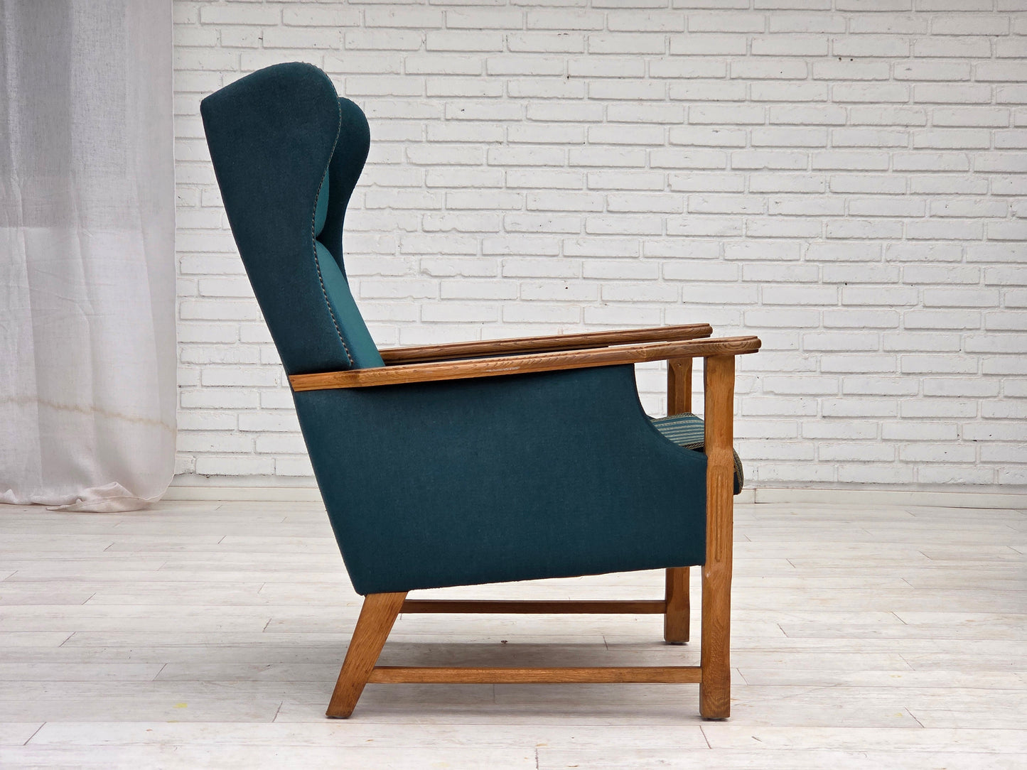 1970s, Danish highback armchair, turkis-green furniture wool, solid oak wood.