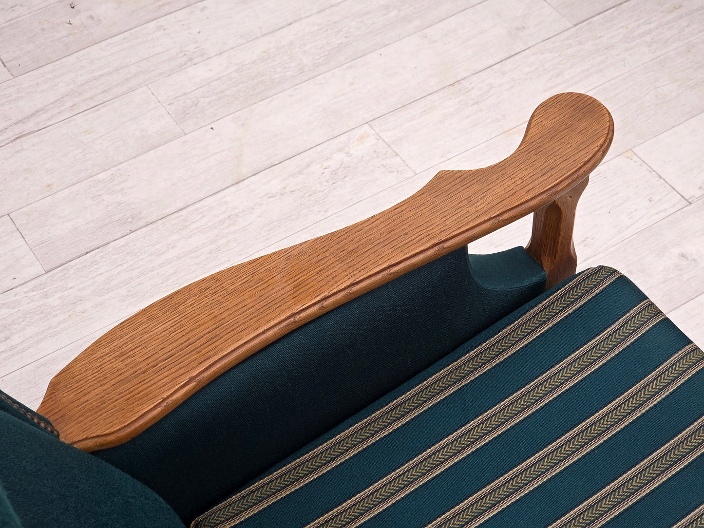 1970s, Danish highback armchair, turkis-green furniture wool, solid oak wood.