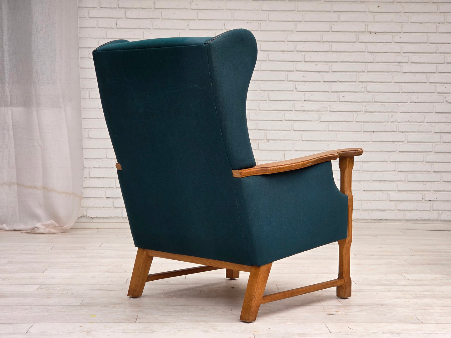 1970s, Danish highback armchair, turkis-green furniture wool, solid oak wood.
