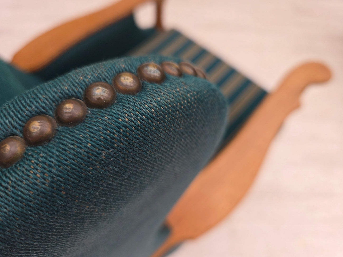 1970s, Danish highback armchair, turkis-green furniture wool, solid oak wood.