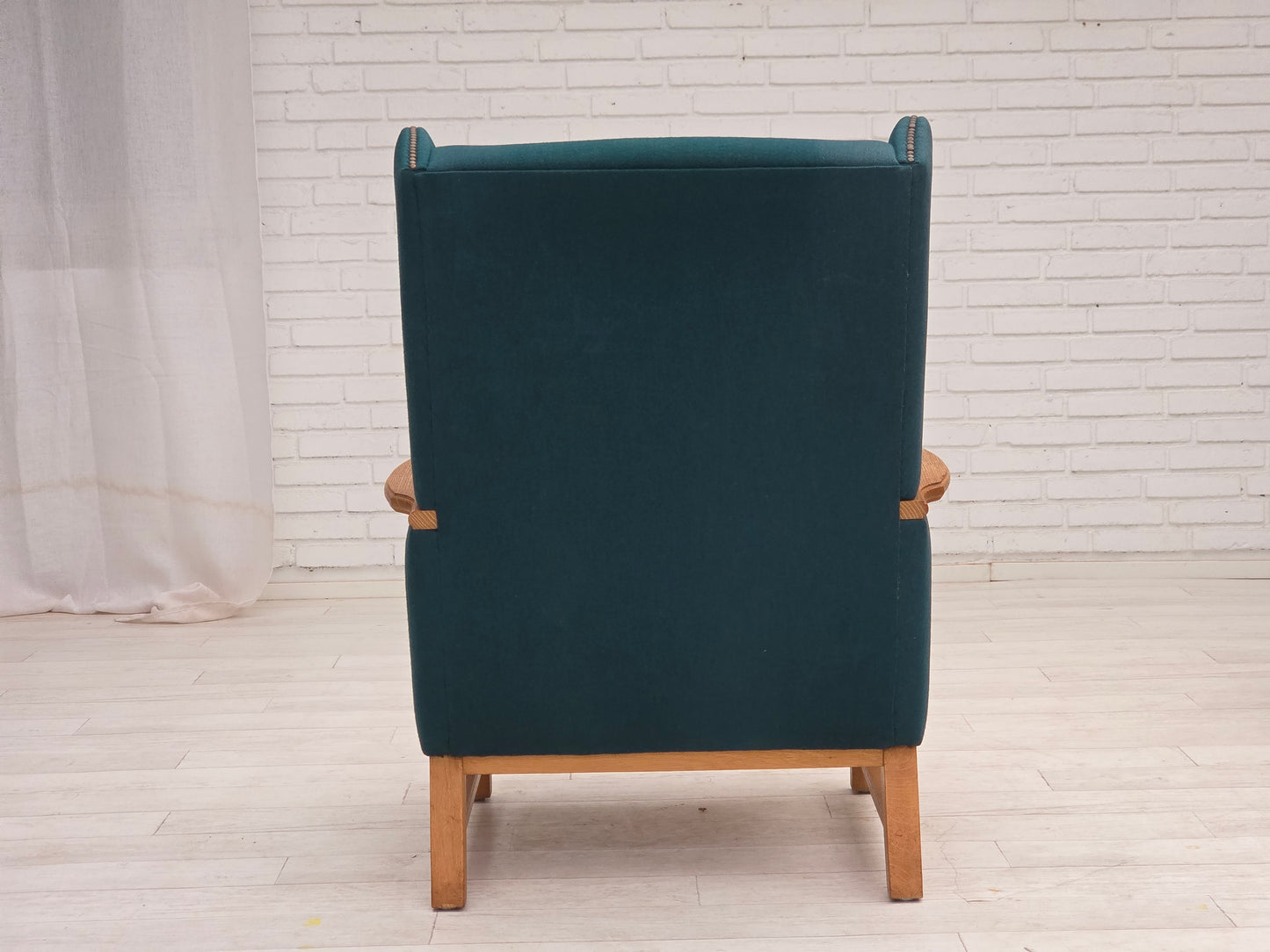 1970s, Danish highback armchair, turkis-green furniture wool, solid oak wood.