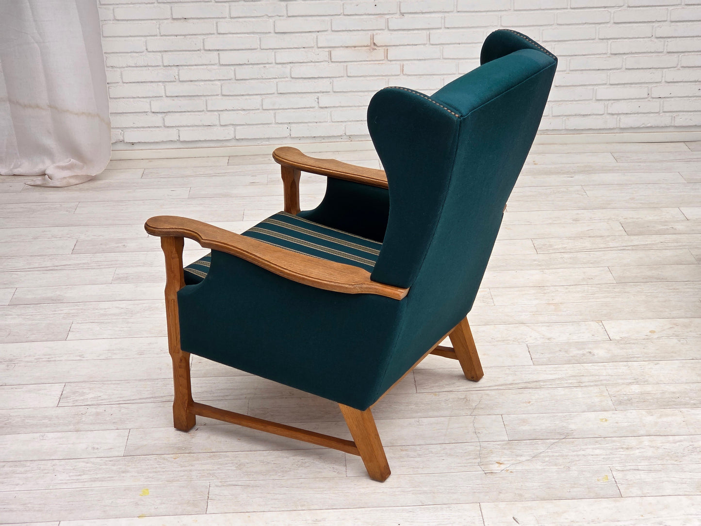 1970s, Danish highback armchair, turkis-green furniture wool, solid oak wood.