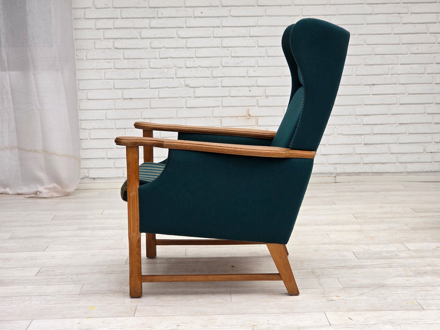 1970s, Danish highback armchair, turkis-green furniture wool, solid oak wood.